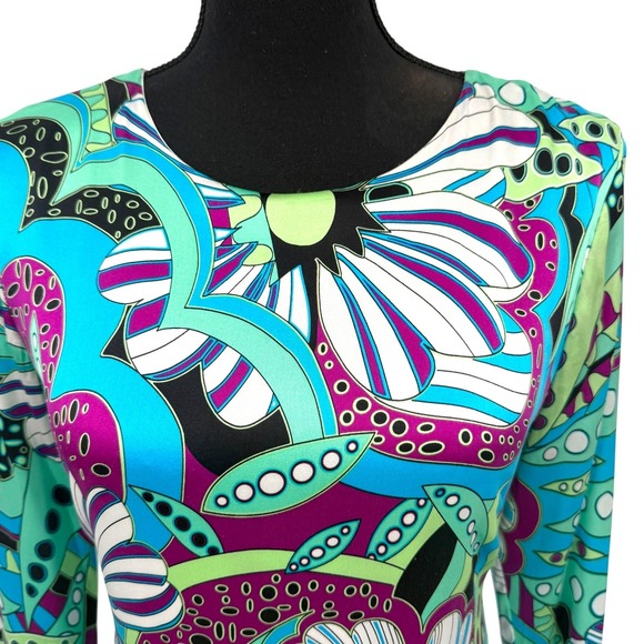 Cache Women's Dress Vtg Silk Medium Psychedelic Floral Shift Mod Y2K Dress Sz 4 - Picture 5 of 10